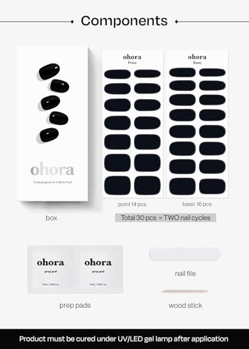 Image of ohora Semi Cured Gel Nail Strips (N Onyx) - Dark, Solid, Works with Any UV /LED Lamps, Salon-Quality, Long Lasting, Easy to Apply & Remove - Includes 2 Prep Pads, Nail File & Wooden Stick