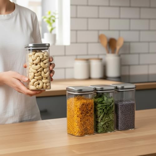 Image of ginoya brothers Airtight Borosilicate Glass Square Jar With Wooden Or Steel Lid Multi-Size, Container for Spices, Coffee, Grains, Snacks & Kitchen Organization (6, STEEL LID, 420 ML)