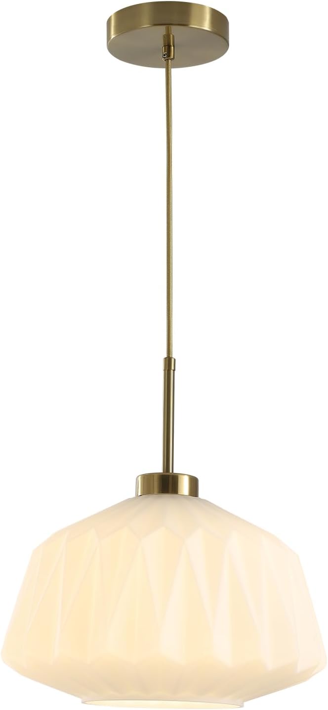 Mid Century Milk Glass Pendant Light 12" Brushed Gold Pendant Light Kitchen Island Nordic Antique Brass Ceramic Indoor Hanging Light for Dinning Room Bedroom Hallway Foyer