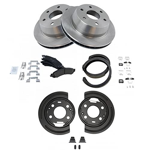 Image of TRQ Rear Brake Pad and Rotor Set Ceramic Vented Rotors Parking Shoes Backing Plates Compatible with 2002-2006 Chevrolet Silverado 1500 GMC Sierra 1500 2003 Cadillac Escalade EXT