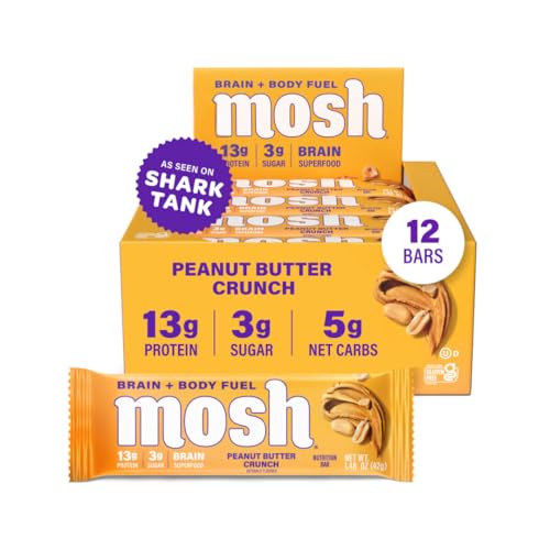 MOSH Peanut Butter Crunch Keto Protein Bars, High Fiber, Low Carb, Gluten Free, High Protein, Brain Healthy Snack, 12 Count