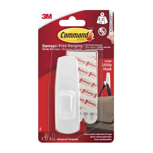 Command Large Utility Hook Pack of 1 Hook and 2 Adhesive Strips White - Damage Free Hanging - Holds up to 2.2kg