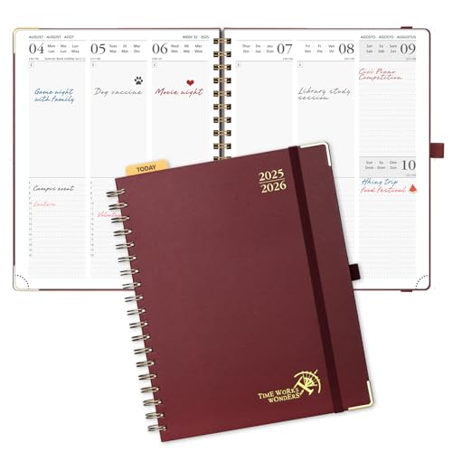 POPRUN 2025-2026 Academic Diary Week to View Large (25.5x20.5 cm) Spiral 17 Months (Aug'25 - Dec'26) Vertical Academic 25/26 Weekly Mid Year Planner(Burgundy)