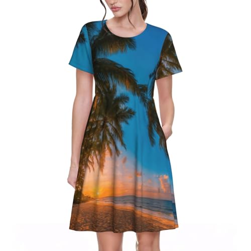 Robe d'été élégante imprimé hawaïen et coucher de soleil pour femme