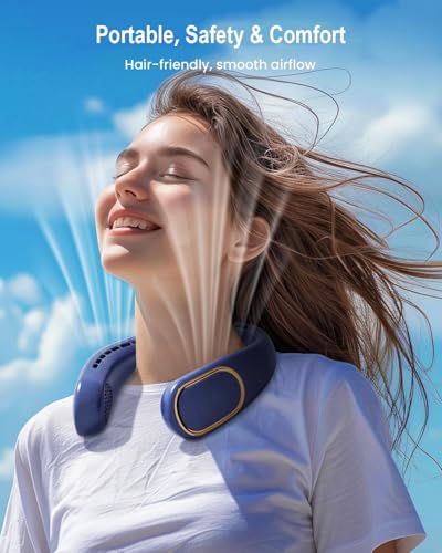 Portable Neck Fan – Hands Free Personal Fan, Rechargeable Bladeless Fan with 5000mAh-Battery, Digital Display, 4 Speeds, Birthday Gifts for Men, Women, Mom, and Dad – Blue