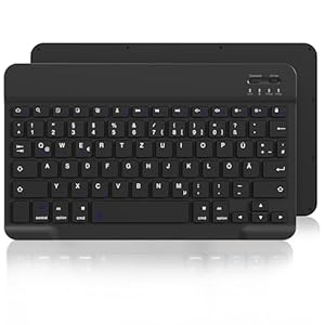 zoyu Ultradünn Bluetooth-Tastatur, Wiederaufladbare Kabellose Tastatur, Kompatibel mit iOS, Android, Windows, iPad, Tablet, Laptop, Smartphone, tragbar, leises QWERTZ-Layout, Schwarz