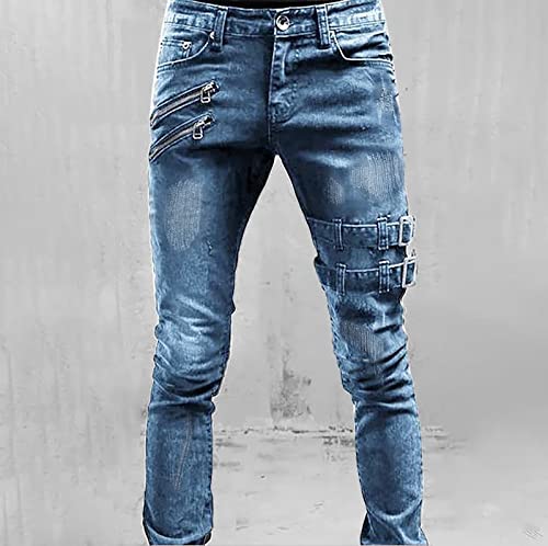Men Distressed Moto Biker Jeans Ripped Punk Gothic Zipper Denim Pants Hip Hop Tapered Leg Slim Fit Jean Multi Pockets2