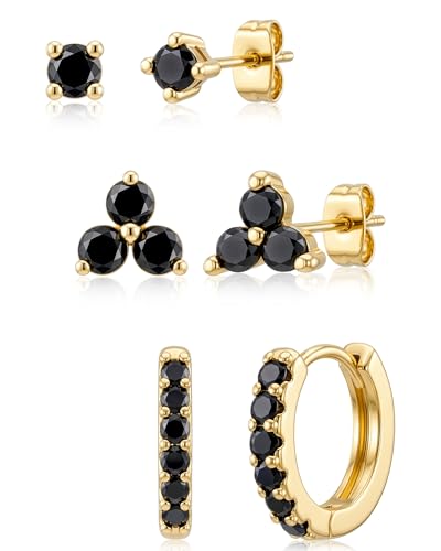 Gokeey Gold Black Stud Earrings Set for Women Dainty Cartilage Tragus Piercing Studs Hypoallergenic S925 Sterling Silver Post for Sensitive Ears Cute Gold CZ Hoops Set Jewelry