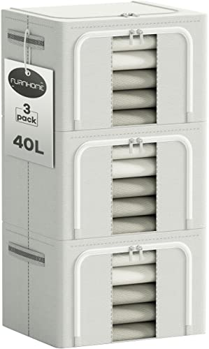 Furnhome 3 PACK 40L Oxford Cloth Steel Frame Storage Box, Clothes Storage Box Organizers with Foldable Clear Window & Reinforced Handles for Clothes,Closet,Comforters,Bedding, Blanket(Light Grey)