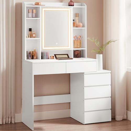 VASAGLE KAILYN Collection - Dressing Table with LED Lights, 40 x 97.5 x 145 cm, Modern Makeup Desk, Vanity Table with Mirror, Drawers, Open Compartments, Adjustable Shelves, Cloud White RDT124W02