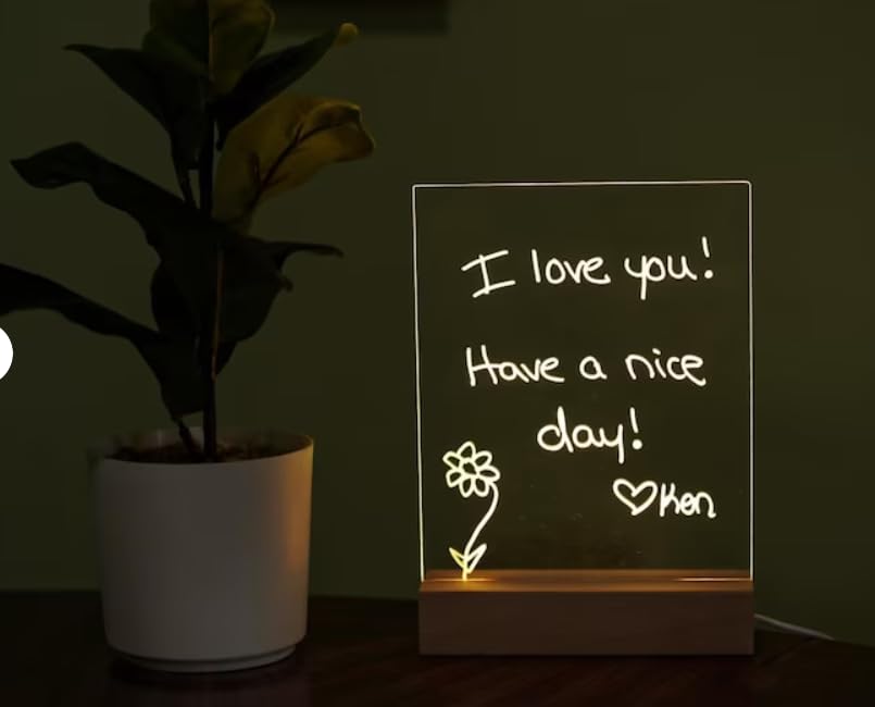 True-Ally 3D Acrylic Writing Board with Light, LED Message Board, Rewritable Acrylic Message board with Wooden stand, Dry Erase Board with 3 Pen for Note/Message/for Home, Offices (Small (15x15 Cm))