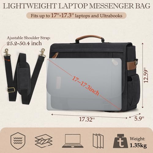 RAINSMORE Messenger Bag for Men 17-17.3 Inch Laptop Bag Water-resistant Canvas Computer Shoulder Bag Office Work Briefcase Large Casual Satchel Bags for Men Bookbag for College, Black2