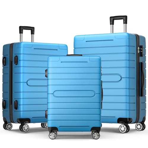Hardside Luggage Set 3 Piece with Spinner Wheels, 20/24/28 Inch Lightweight Suitcases with TSA Lock, Durable ABS Hard Shell Travel Bag for Business Trips, Commuters (Blue)