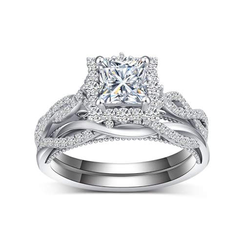 Princess Cut Moissanite Infinity Wedding Ring Set, 10k/14k/18k Real Gold Halo Engagement Ring Sets for Women Gift for Anniversary Wedding Free Engraved