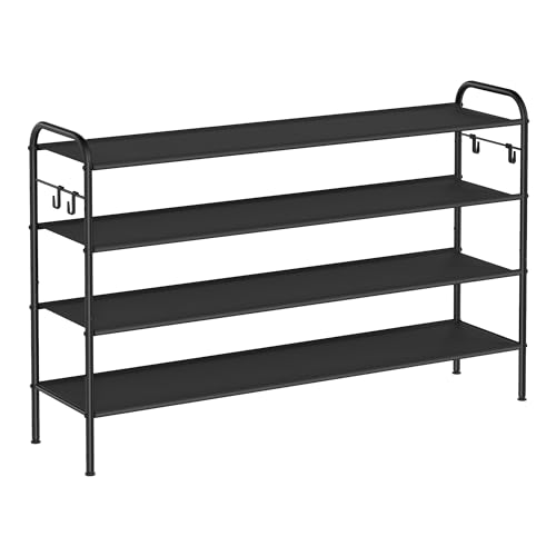 SONGMICS Shoe Rack, 4-Tier Shoe Organizer, Fabric Shoe Shelf Storage with 4 Hooks, Holds up to 24 Pairs of Shoes, Height-Adjustable Shoe Rack for Entryway, Hallway, Closet, Easy Assembly, In