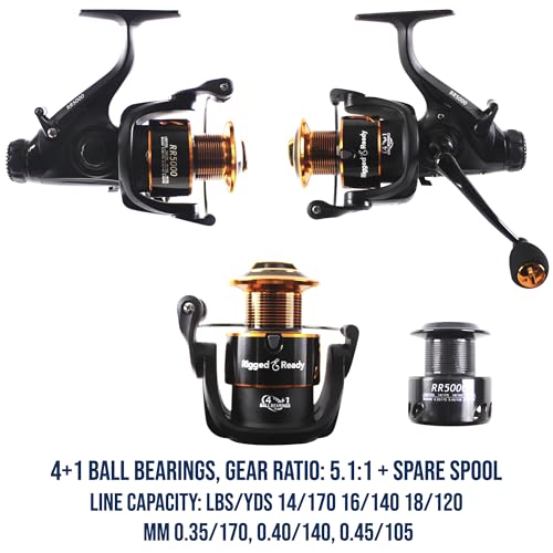 Rigged and Ready S Mid Rod & Reel Combination. Powerful Carp, Predator and Light Sea rod + 2 tips + Case. 320 cm (10.5’) + 270 cm (8.85’) options + RR5000 fishing running/spin reel + spare spool - Image 6