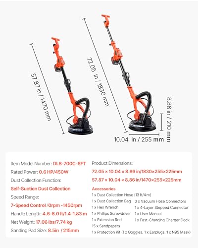 Image of VEVOR Cordless Drywall Sander, 450W Electric Sander, Popcorn Ceiling Removal Tool with Vacuum Dust Collection, 7 Variable Speed 0-1600 RPM, LED Light, Foldable & Extendable Handle, 15 Sanding Discs