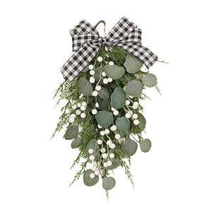 Firlar Eucalyptus Swag with Bow, 19.7 Inch Wall Hanging Greenery Teardrop Wreath, Spring Wreath for Front Door, Farmhouse Artificial Leaves Wreaths Decorative for Door Window Decor