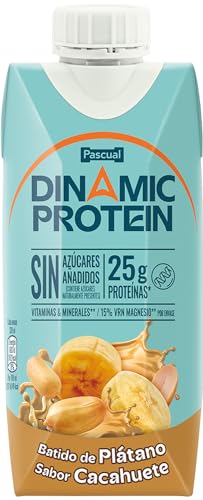 Calidad Pascual Dinamic Protein - Batido de Proteína, sabor Plátano-Cacahuete, con 25 g de Proteínas, Sin Azúcares Añadidos, Sin Gluten - Brik 330 ml