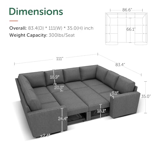 Image of HONBAY Sleeper Sectional Couch with Pull Out Bed, Modular Sleeper Sofa with Storage, U Shaped Sectional Couches for Living Room, Dark Grey