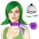 JoneTing 3Pcs Short Green Flip Wig【1 Wig Cap+1 Scarf +1 Pair of False Eyelashes】 Disgust Wig Disgust Cosplay Wig Green Bob Wig With Bangs Disgust Costume Outfit Wig Green Wigs for Halloween Party