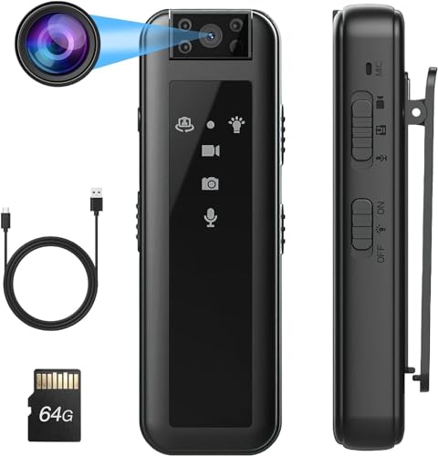 HuuppHip Mini Body Camera with 64GB Memory Card, Portable Body Camera with Audio and Video, 1080P HD Body Cam for Office, Travel, Outdoor, with 180° Rotatable Lens, Infrared Night Vision