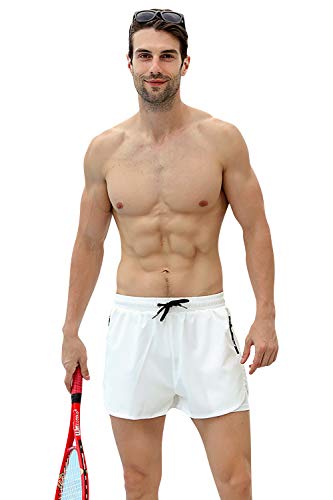 YAOMEI Homme Maillot de Bain avec Doublure, Short de Bain Homme Pant Court de Sport/Plage/Beach Bermudas Colore, Trunks Pantalon Boxers Slip Cordon réglable avec Poches zippées (L, Blanc)