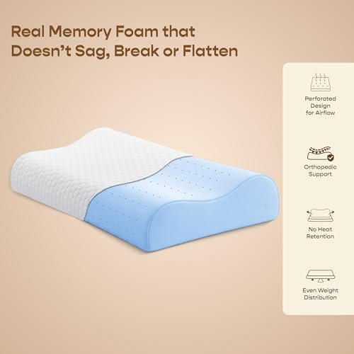 Image of SleepyCat Cervical Memory Foam Pillow | Full Size Contour Design for Neck Pain Relief | Perforated Real Memory Foam for Airflow | No Sagging, Breaking or Flattening | White, Set of 4 (25 X 16 inches)