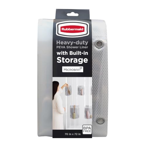 Image of Rubbermaid Clear Waterproof Shower Curtain Liner with 5 Storage Pockets, Heavyweight 8g PEVA Shower Liner for Bathroom, with Gray Rustproof Grommets and Pockets, 70x72, Standard Size, Clear