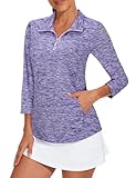 Viracy Golf Shirts Women,Half Sleeve 1/4 Zip Moisture Wicking Athletic Tops Polo V Neck Stretchy Sun Protection Active Wear Ladies Tennis Badminton Yoga Running Cycling Purple M