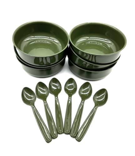 6 Stück Suppenschüssel Teller 750 ml + 6 Löffel im Set Suppenschalen, Suppenteller, Picknickgeschirr, aus Kunststoff, Mehrweggeschirr, Farbe oliv