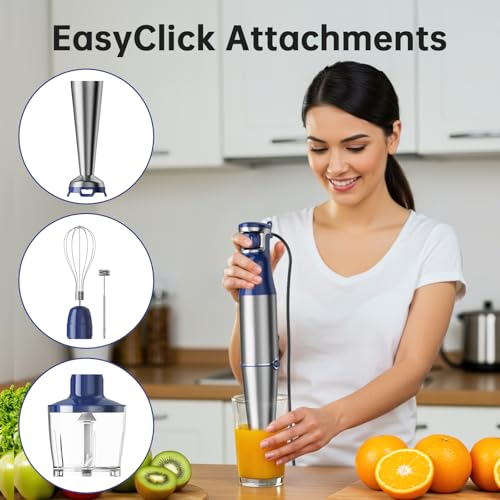 Image of Turelar Immersion Blender Handheld Corded Hand Blenders Set 1100W, Trigger Variable Speed 5 in 1 Stick Emulsifier with Chopper, Whisk and Frother for Soup, Baby Food and Smoothies, Navy Blue