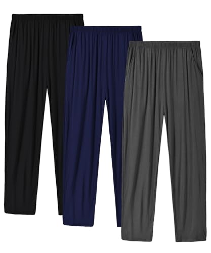 MoFiz Men's Pyjamas Lounge Pants Bottoms 3-Pack Modal Ultra-Soft Cozy Pj Loungewear Sleepwear Bottoms (Black,Navy, Dark Grey) Size 2XL