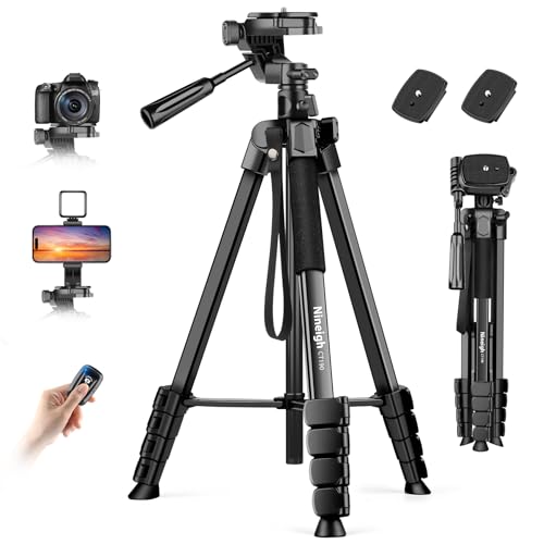 Nineigh Camera Phone Tripod, 75'' Lightweight DSLR Tripod Camera Stand with 3 Way Pan Head, Horizontal Tripod for Smartphone with Remote and Carry Bag for Travel Video Photography YouTube Vlog