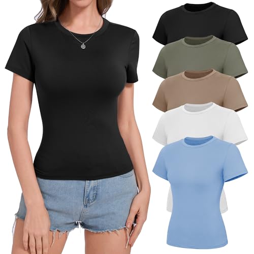 La Mejor Recopilación de Trajes y americanas para Mujer Top 5. 48 NexiEpoch - Paquete de 5 camisetas para mujer, cuello redondo y manga corta, playera corta, lisa, casual, básica, ropa ajustada, bonito traje Y2K, Negro/Blanco/Caqui/Verde...