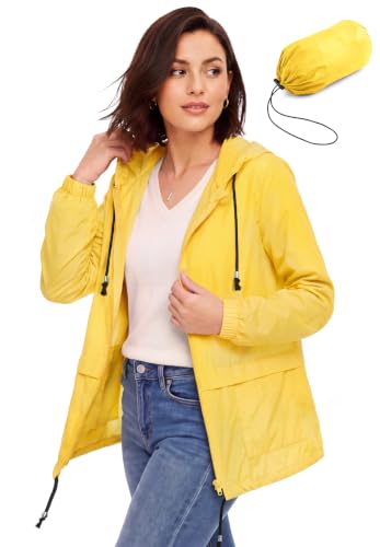 Zando Yellow Rain Jacket, Packable Hooded Yellow Raincoat, 2XL