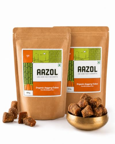 Image of Aazol Organic Jaggery Cubes: Pure Shrirampuri Gur - 1.3kg (650g - Pack of 2) | Natural & Organic | Made with Pure Desi Cow Ghee | Best Texture | Long Shelf Life