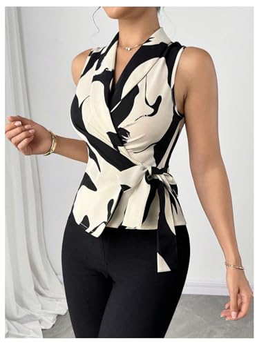 GORGLITTER Women's Sleeveless Wrap Blazers Belted Suit Vest Collared Wrap Graphic Dressy Office Blazers2