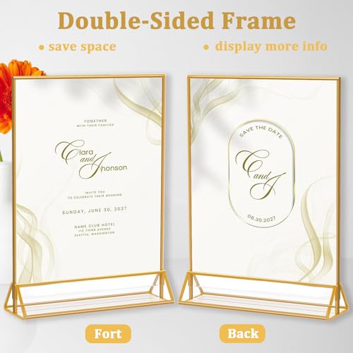 Image of Climberty 4Pcs Acrylic Sign Holders A4-Sized Golden Framed Sign Holder Double-sided Clear Advertising Flyers Display Stand Table Menu Holders