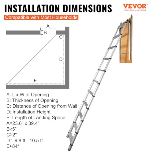 Image of VEVOR Attic Ladder Telescoping, 350-pound Capacity, 39.37 inch x 23.6 inch, Multi-Purpose Aluminium Extension, Lightweight and Portable, Fits 9.8'-10.5' Ceiling Heights, Convenient Access to Your Attic Standa