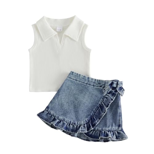 ZIXILOVGIR Toddler Baby Girl Summer Outfits Sleeveless Lapel Collar Ribbed Tank Tops Ruffle Jean Skirt Set Cute Clothes (White, 12-18 Months)