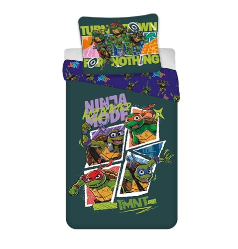 BrandMac TMNT Parure de lit réversible pour lit d'enfant 100 x 135 cm + taie d'oreiller 40 x 60 cm, 100 % coton, motif Tortues Ninja pour enfants