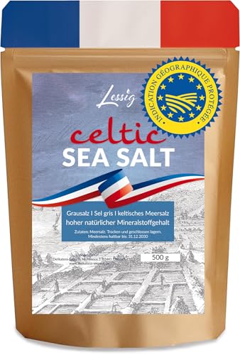 Lessig | 500g graues keltisches Meersalz grau | handgeschöpft Frankreich | unraffiniert | ohne Zusätze | GMO Frei | kein Magnesium entfernt | Höchste Qualität