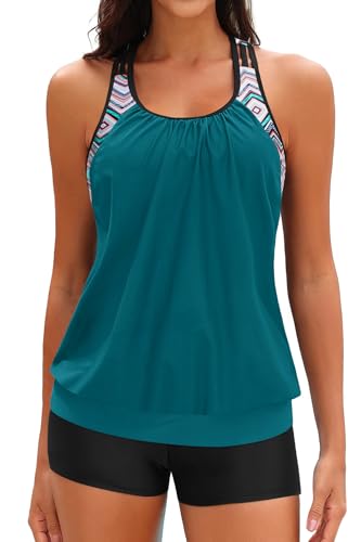 Image of Yonique Two Piece Tankini Bathing Suits T-Back Blouson Swim Tops with Boy Shorts Women Swimsuits Sporty Swimwear