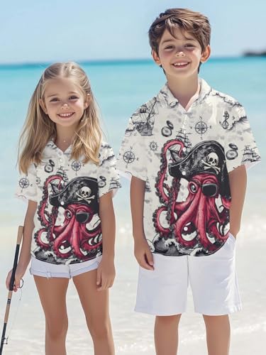 Image of THE PIRATE KING Funny Pirate Hawaiian Shirt Boys Girls Beach Tropical Casual Short Sleeve Button Down Shirt for 5-14 Years