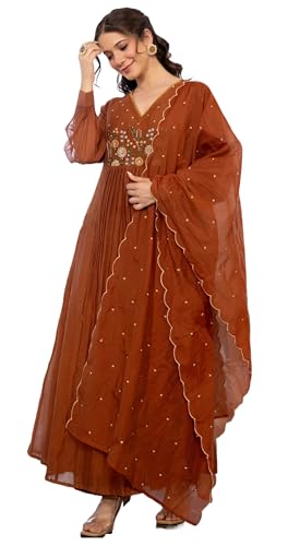 Image of Nermosa Women Embroidery Solid Anarkali Kurta and Pant Set with Dupatta