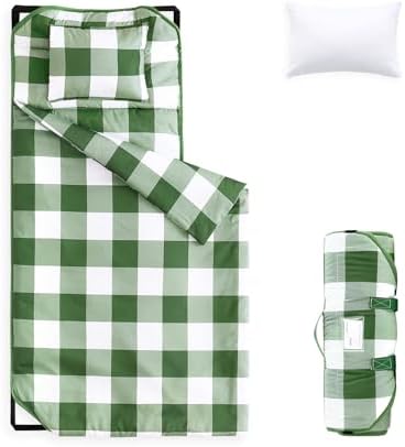 Wake In Cloud - Cot Nap Mat with Pillow and Blanket, for Toddler Kids Boys Girls in Daycare Kindergarten Preschool Pre K with Elastic Corner Straps, Buffalo Check Plaid, Olive Green White