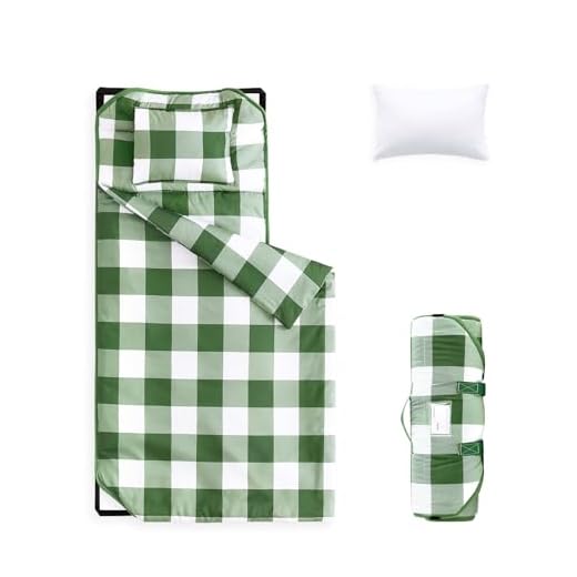 Wake In Cloud - Cot Nap Mat with Pillow and Blanket, for Toddler Kids Boys Girls in Daycare Kindergarten Preschool Pre K with Elastic Corner Straps, Buffalo Check Plaid, Olive Green White