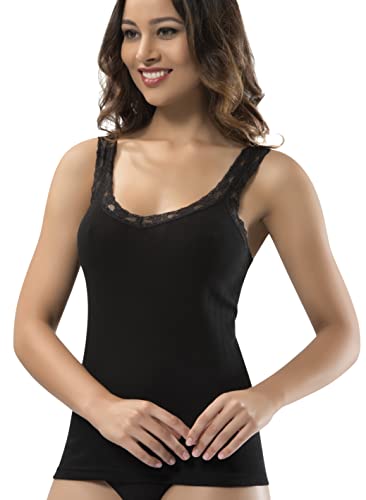 Vavonne Camisole For Women, All Cotton, Airy Soft Comfy Tank Tops Cami Undershirt (Black/Lace Strap, Small) #TOP5
