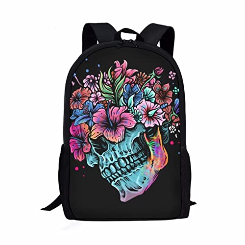 Binienty Sac à dos d'école pour enfants, adolescents, sac à dos léger pour filles, école primaire, Tête de mort avec floral, taille unique Cover